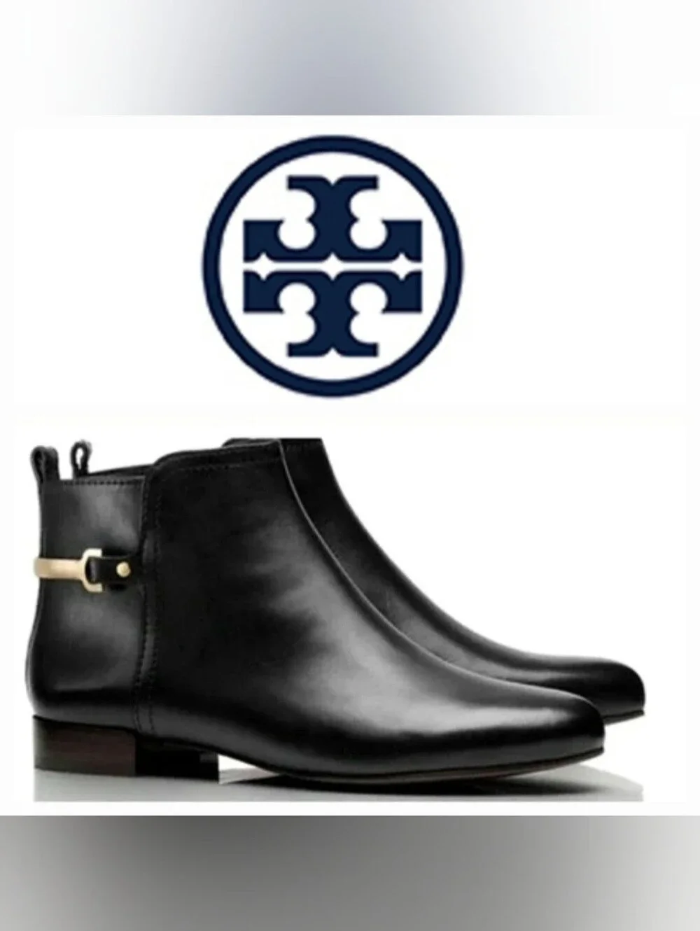 Tory Burch Jess Black Leather Ankle Boots Gold Strap Detail Sz 10